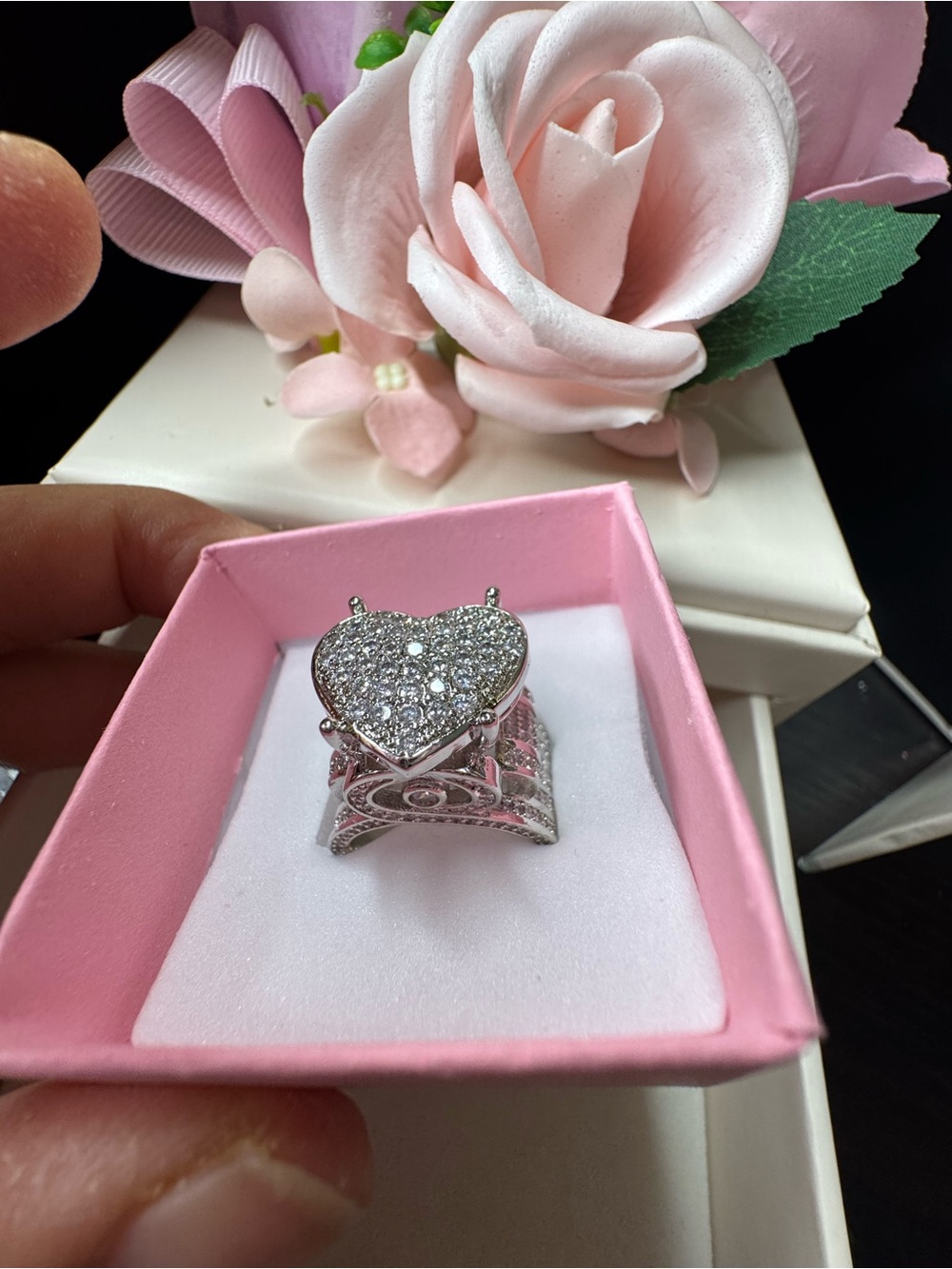 Silver Heart Pavé Statement Ring - Pink
